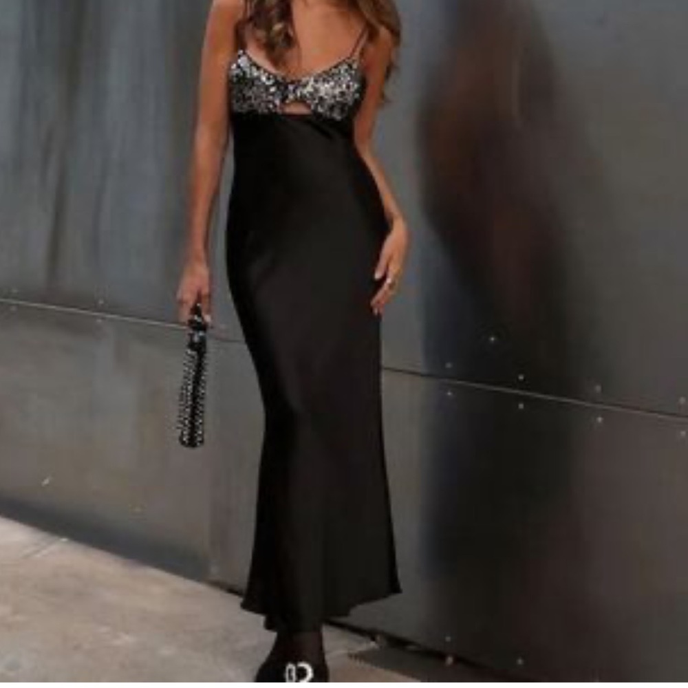 Zara Black Satin Dress with Sequin Detail - Picture 2 of 6